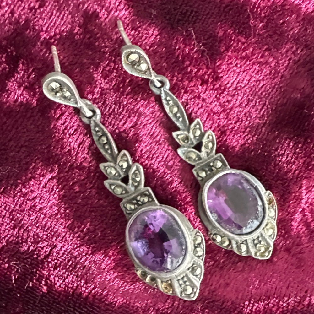 Vintage Art Deco Amethyst & Marcasite Sterling Silver Drop Earrings